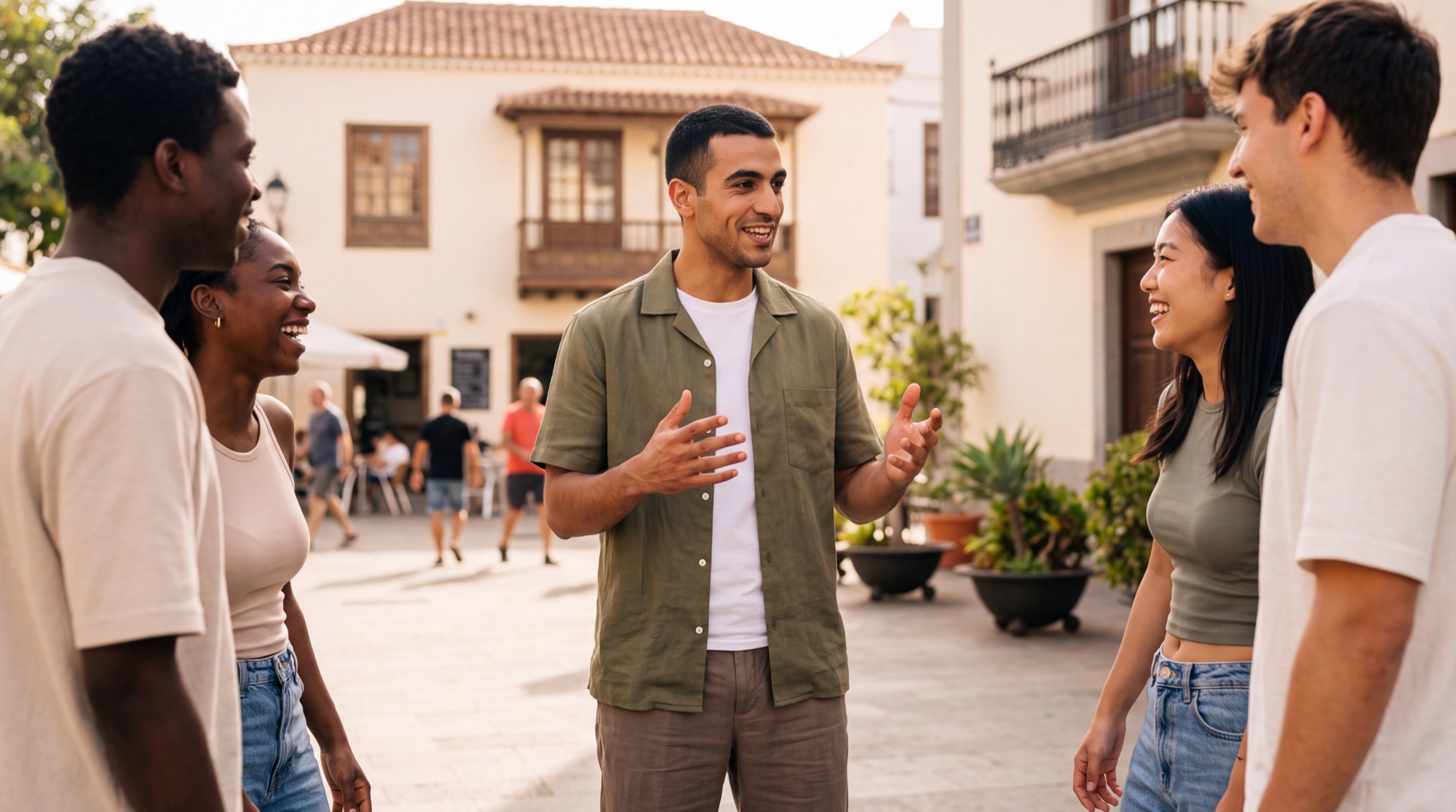 Personas conversando en una plaza urbana